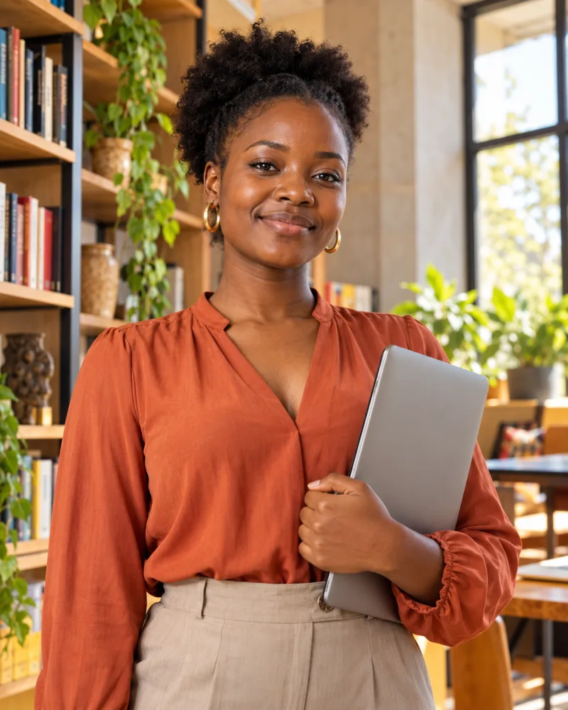 A young professional holding a laptop in a bright office