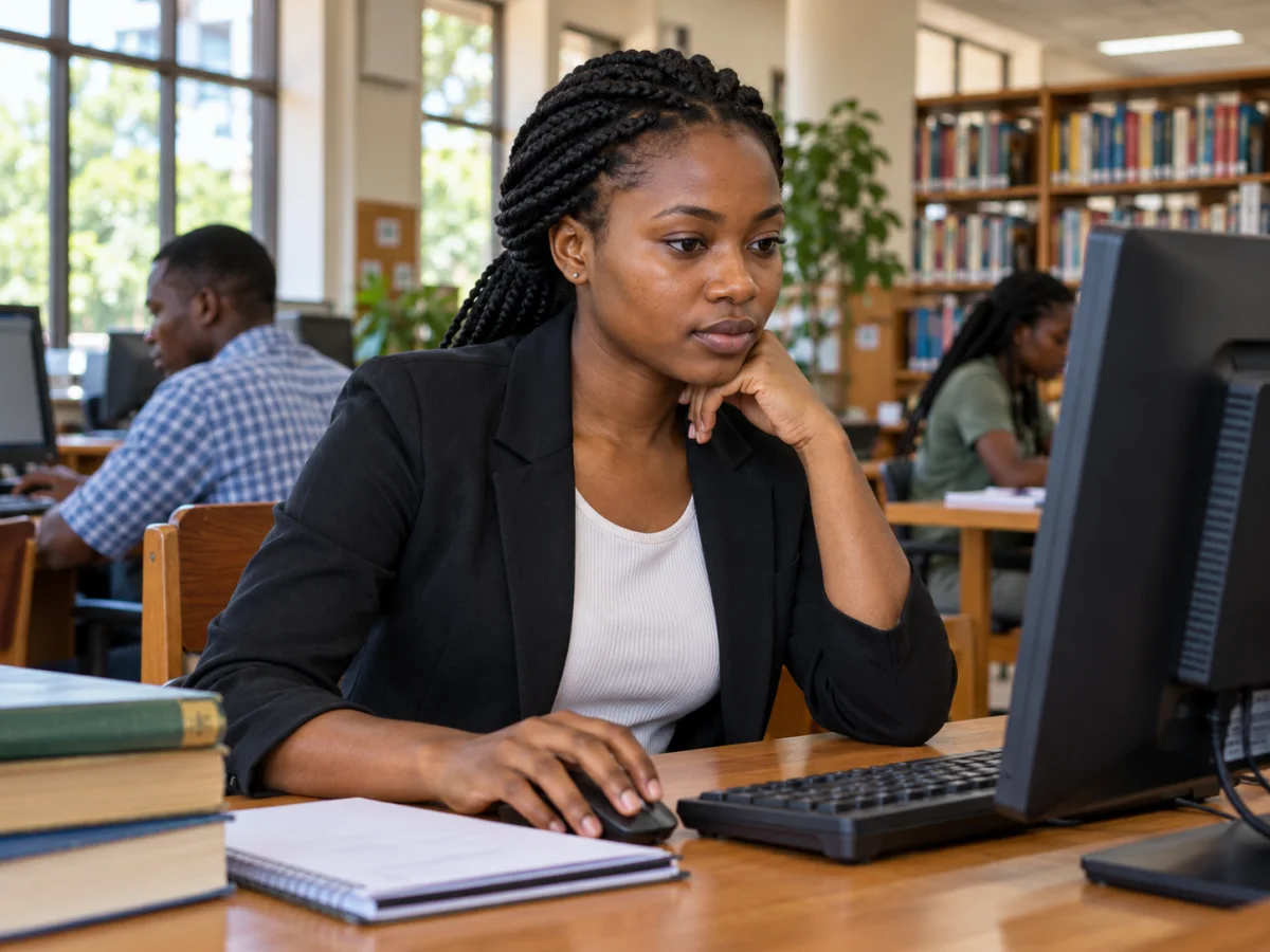 A young woman comparing job adverts on her laptop.