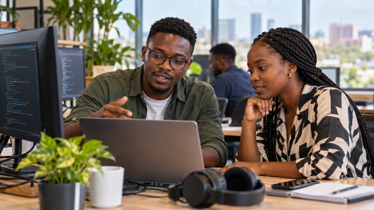 Colleagues working together at computers.